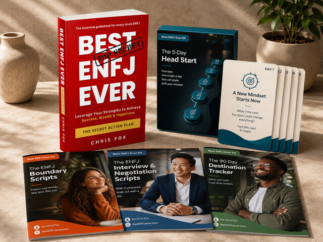 The Best ENFJ Ever Kit: workbook, boundary scripts, interview and negotiation scripts, 90-day tracker, and 5-day head start cards
